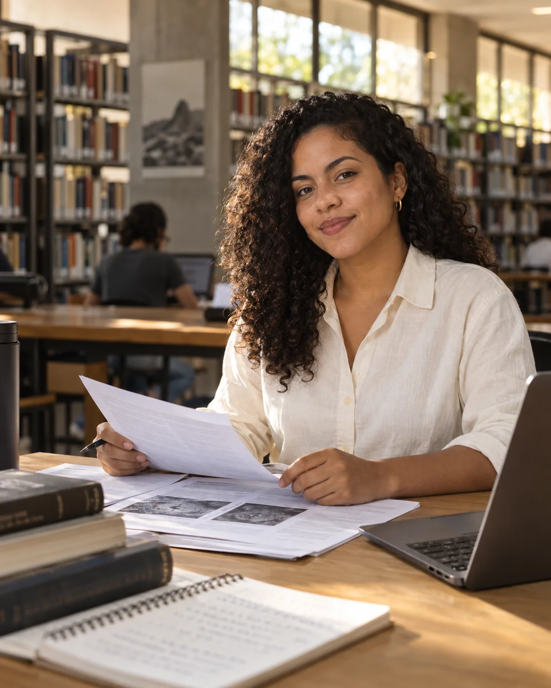 Estudante revisando sua pesquisa em uma biblioteca.
